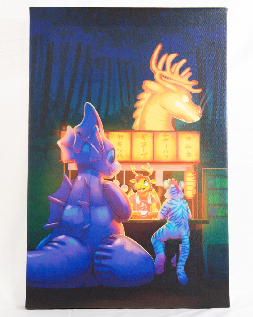 A canvas print of the art piece of Finneus and Quiet Tiger eating ramen at Roady's Ramen stand. There is a gentle warm glow on all of the characters.