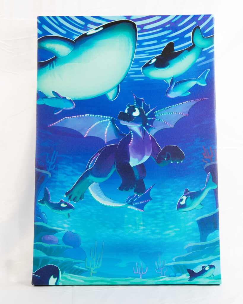 A canvas print of our 2026 poster featuring a bioluminescent Finneus underwater swimming amongst other bioluminescent pool toys