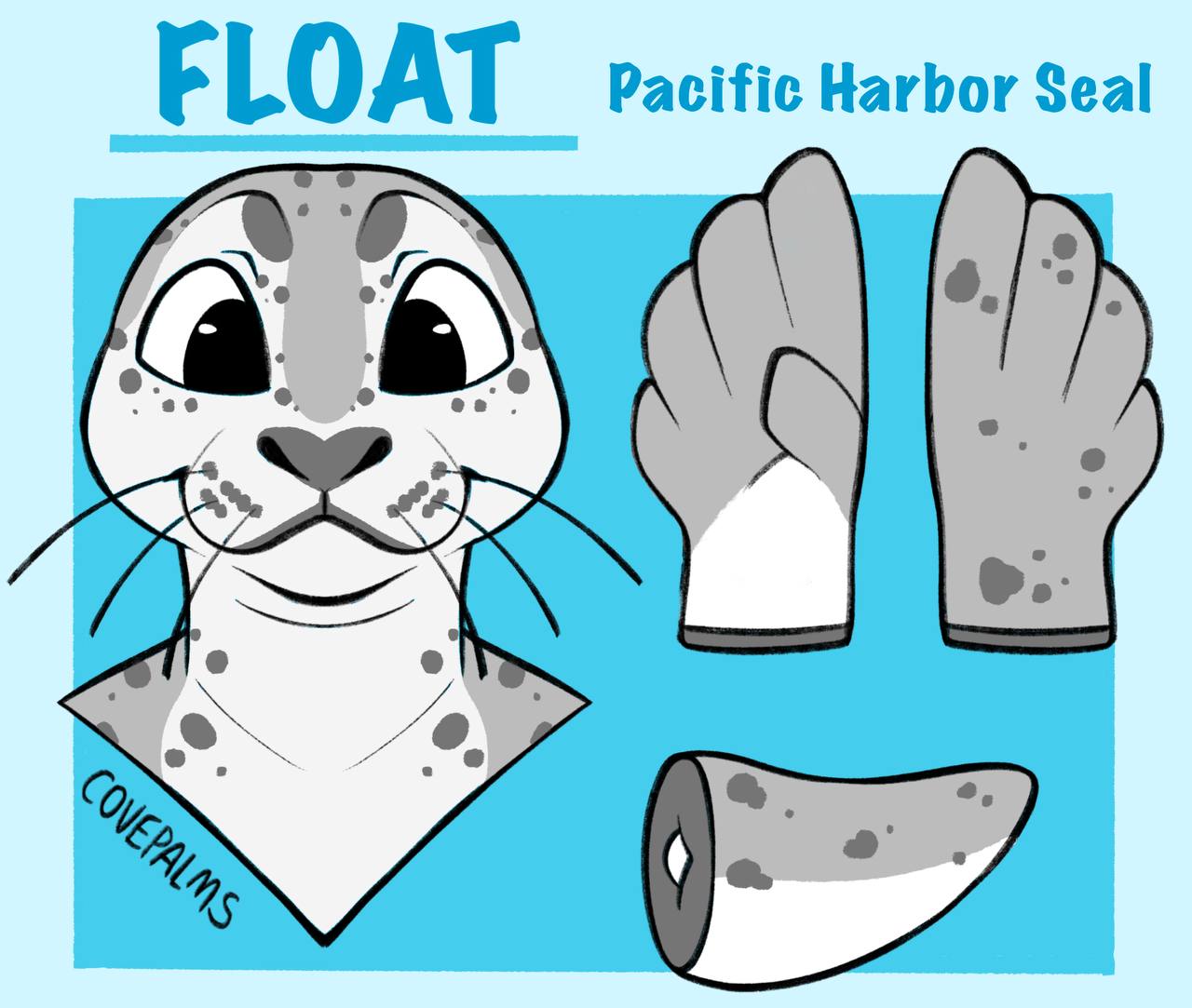 An illustration of a premade seal fursuit head on a covepalms base. 
