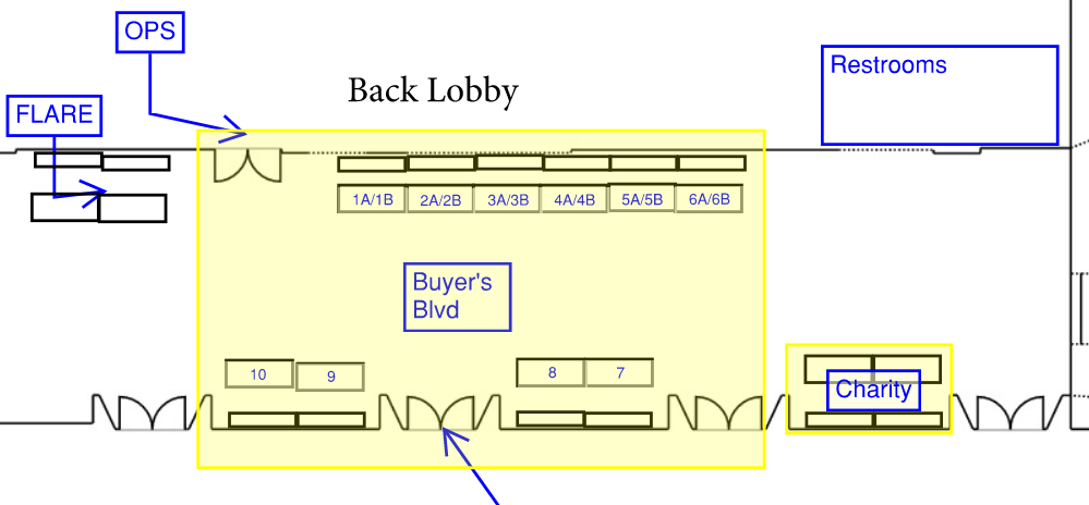 A map showing the layout of Buyer's Blvd, which is located just outside of convention operations.  Six tables are against the wall next to convention operations, and four tables plus the charity table are on the opposite side.